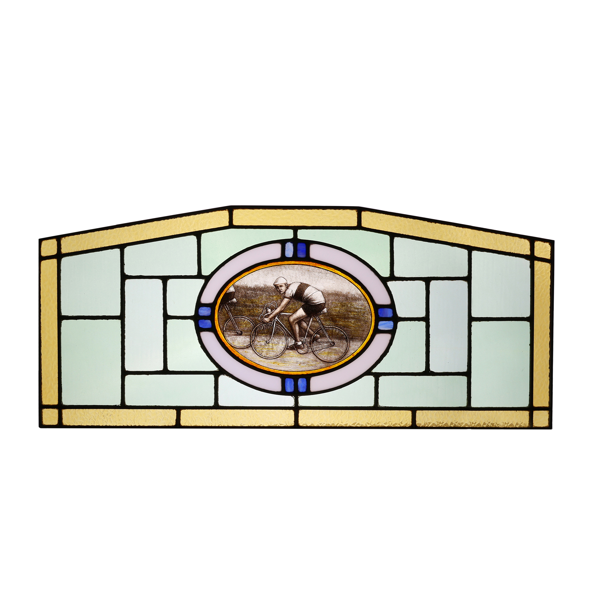 Art Deco Stained Glass Panel Depicting Cyclists in Motion, Belgium ca. 1910-img